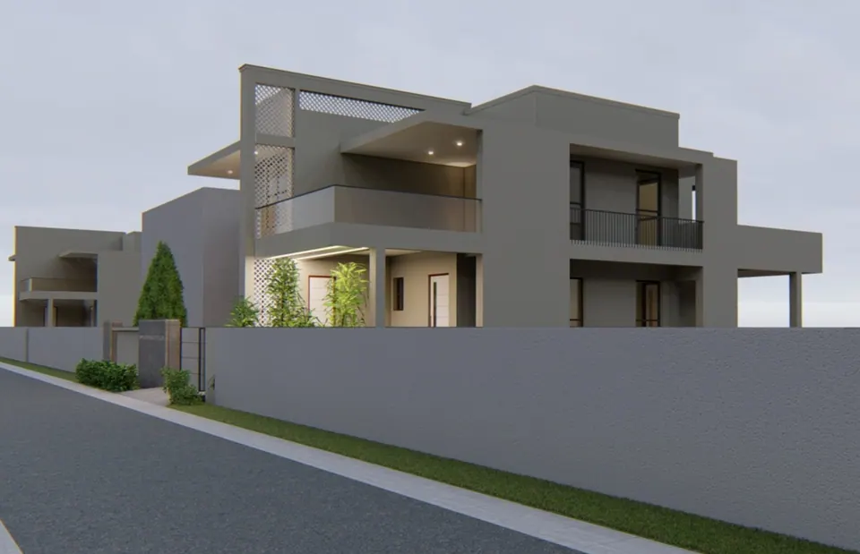 Rendered view from the sloping street: upper balconies and terraces above a long grey boundary wall