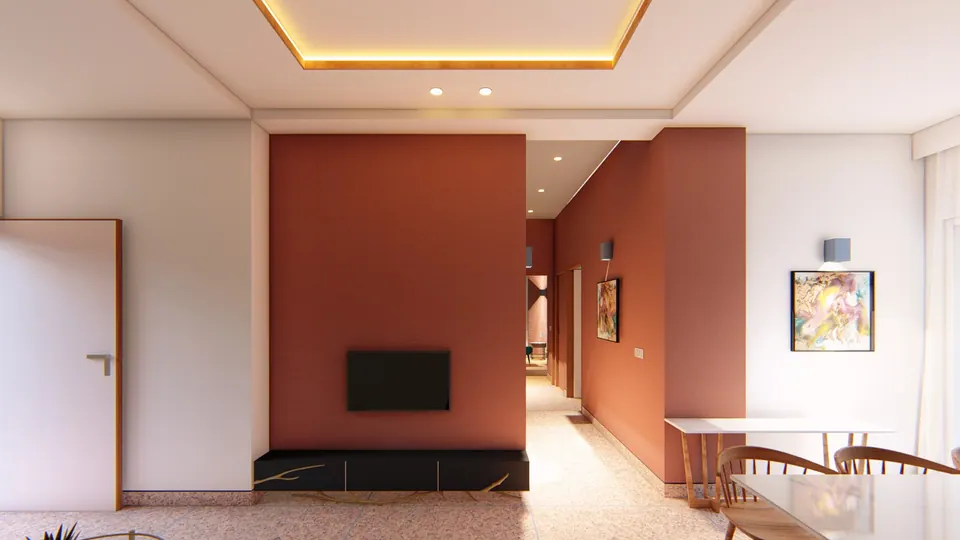 Rendered living and dining area with a terracotta TV wall, a terrazzo floor and a timber dining table