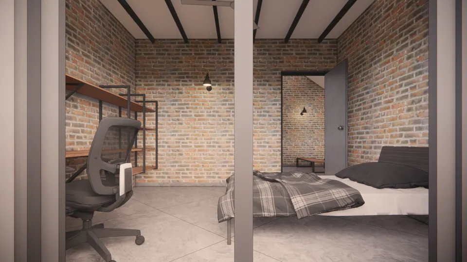 Rendered bedroom with a checked bedspread, a desk with an office chair and exposed roof beams over brick walls