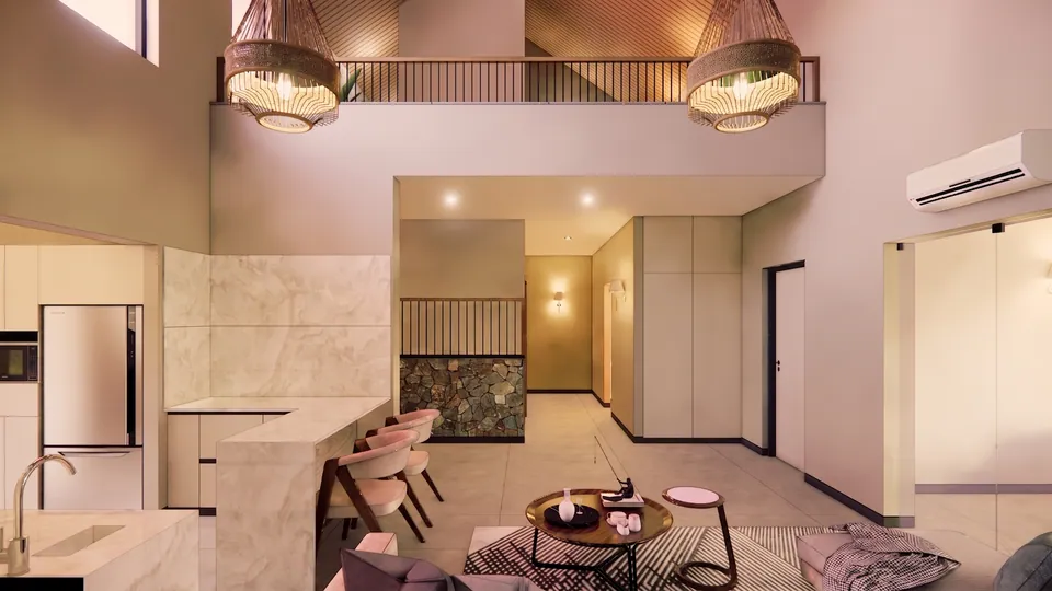Rendered double-height space: a marble-clad kitchen counter, pink upholstered chairs, woven pendants and the railed gallery above