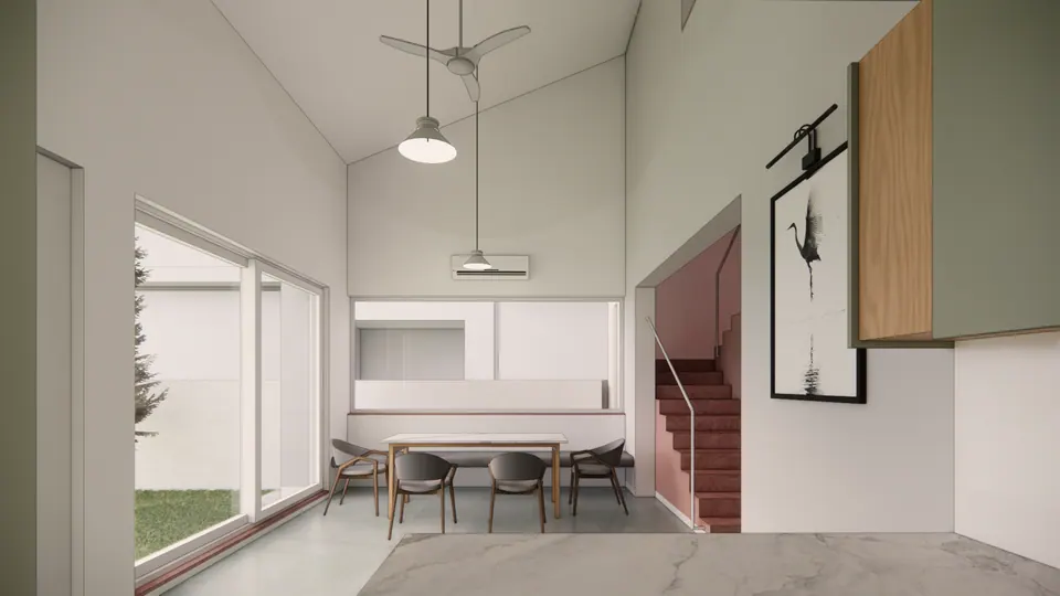 Rendered living space from the garden doors: the dining table by a long window, a crane artwork and the pink stair