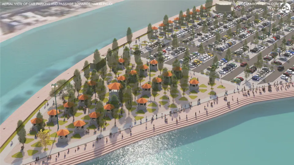 Rendered aerial of the river-front promenade with kiosks and trees, the car parking behind and the river in front
