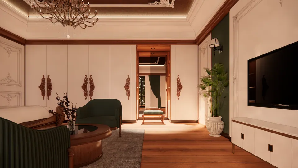 Rendered wardrobe wall with carved timber handles, an opening to the dressing room, and a wall-mounted TV beside a potted palm