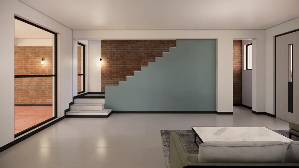 Rendered living room facing the stair: a sage-green stair wall stepping up against exposed brick, marble steps and a window to the verandah