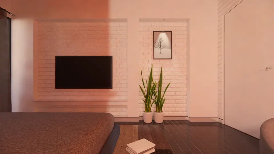 Rendered bedroom TV wall in white brick with a framed tree print and potted plants