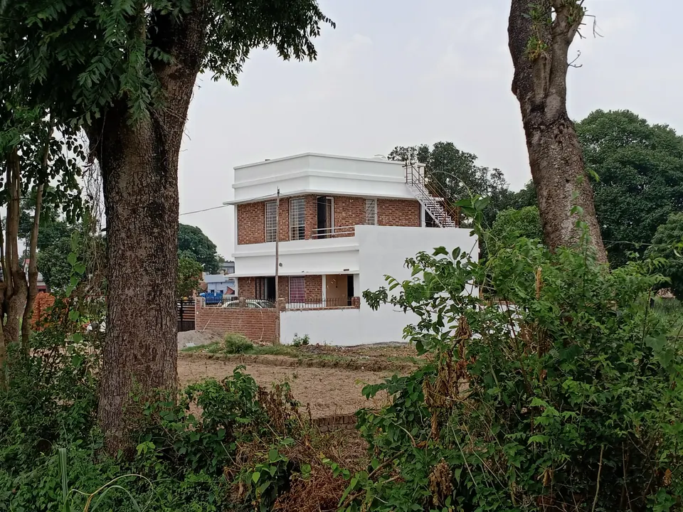 The white-banded brick house seen across a field between two tree trunks, an external stair at its side