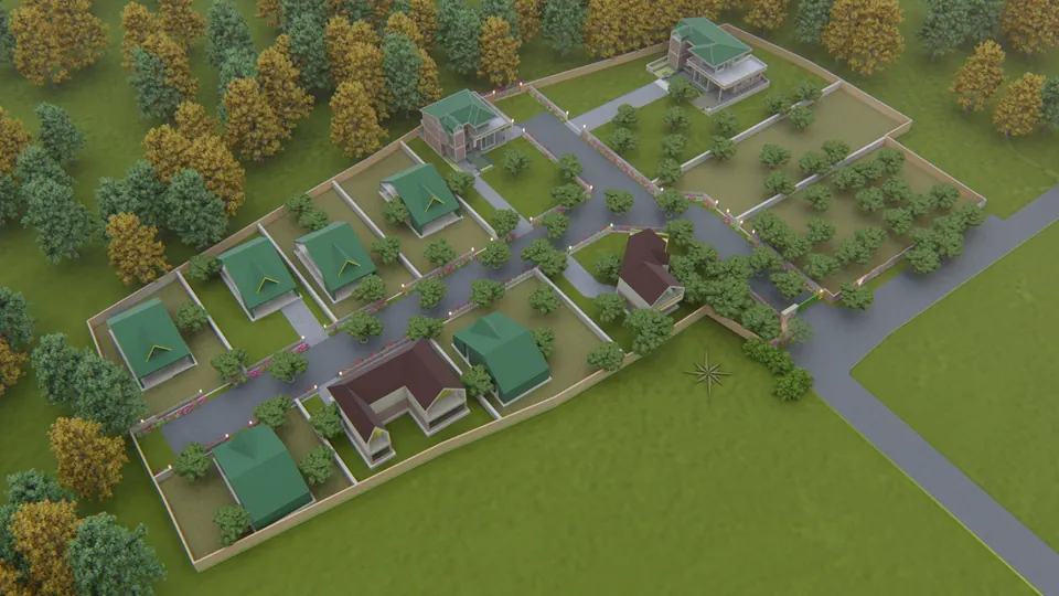 Rendered aerial view of the whole site: houses along internal roads within a boundary wall, surrounded by trees and fields