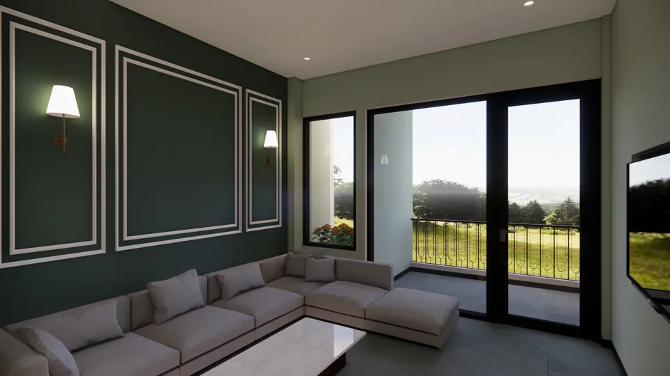 Rendered living room with a grey sectional sofa against green panelled walls and glazed doors to a balcony overlooking hills
