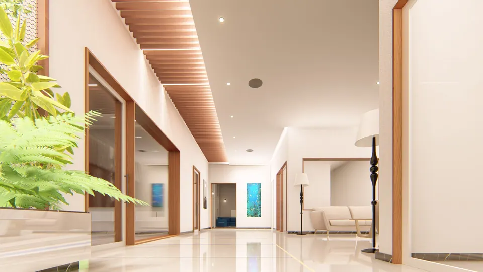 Rendered corridor with timber-framed glass partitions, a slatted ceiling and plants, opening to a sitting area