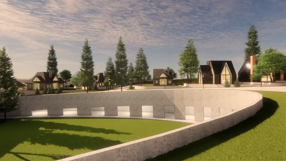 Rendered sunken lawn with a curved stone-capped retaining wall, houses on the higher ground