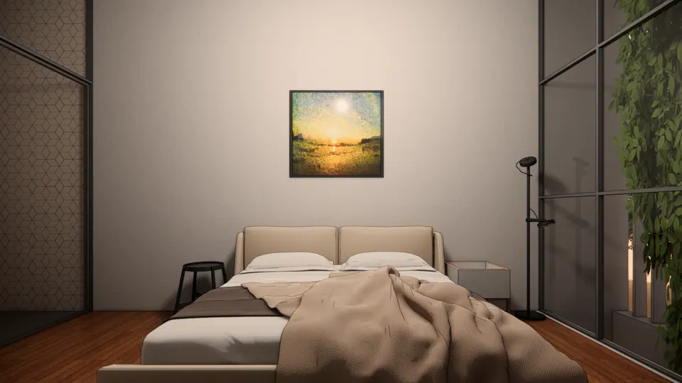 Rendered bedroom facing the bed, a painting above and a glazed wall with climbing plants at right