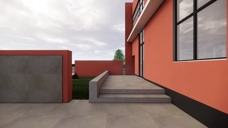 Rendered paved terrace with steps beside a coral wall and a large black-framed window, a grey-clad volume beyond