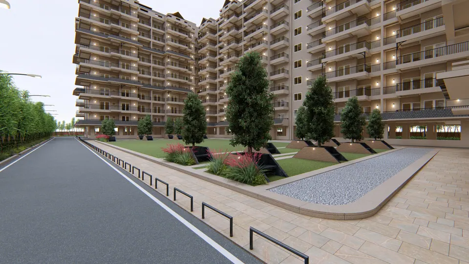 Rendered road beside a landscaped strip with lawn, tree planters and a gravel bed, apartment blocks behind