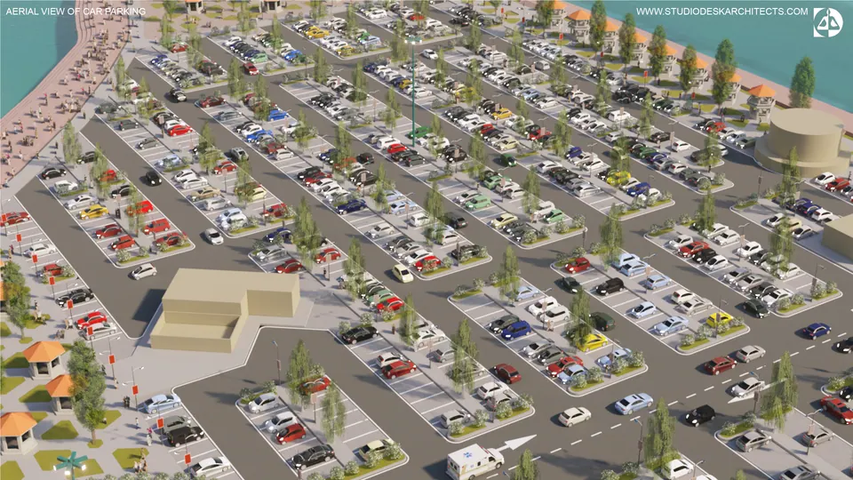 Rendered aerial of car parking bays laid out in angled rows with trees, a service block in the middle