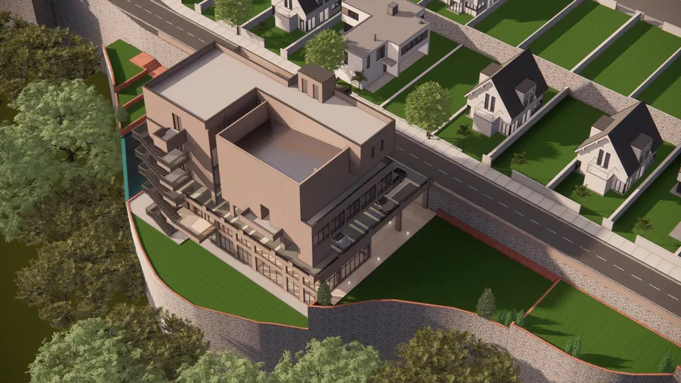 Rendered aerial of the club house roof and terraces on a sloping site, gabled houses on plots along the road