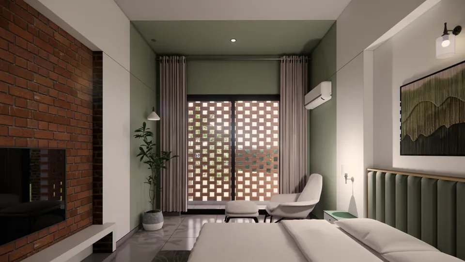 Rendered bedroom with a brick wall and screen, a green upholstered bed and curtained doors to a perforated brick screen