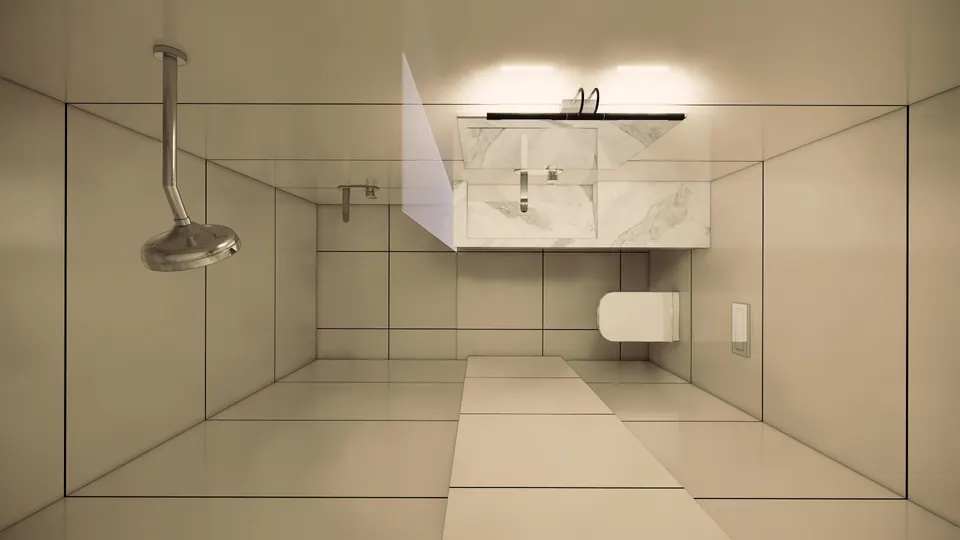 Rendered bathroom seen from above: a rain shower, a marble-clad vanity under a lit mirror and a wall-hung WC on pale tiles
