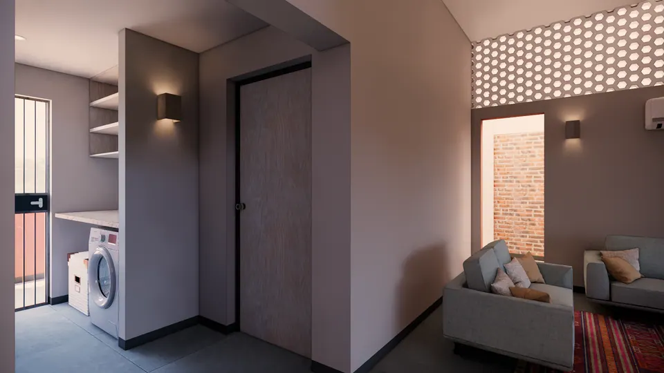 Rendered utility corner with a washing machine and shelves beside the lounge, under a jali clerestory